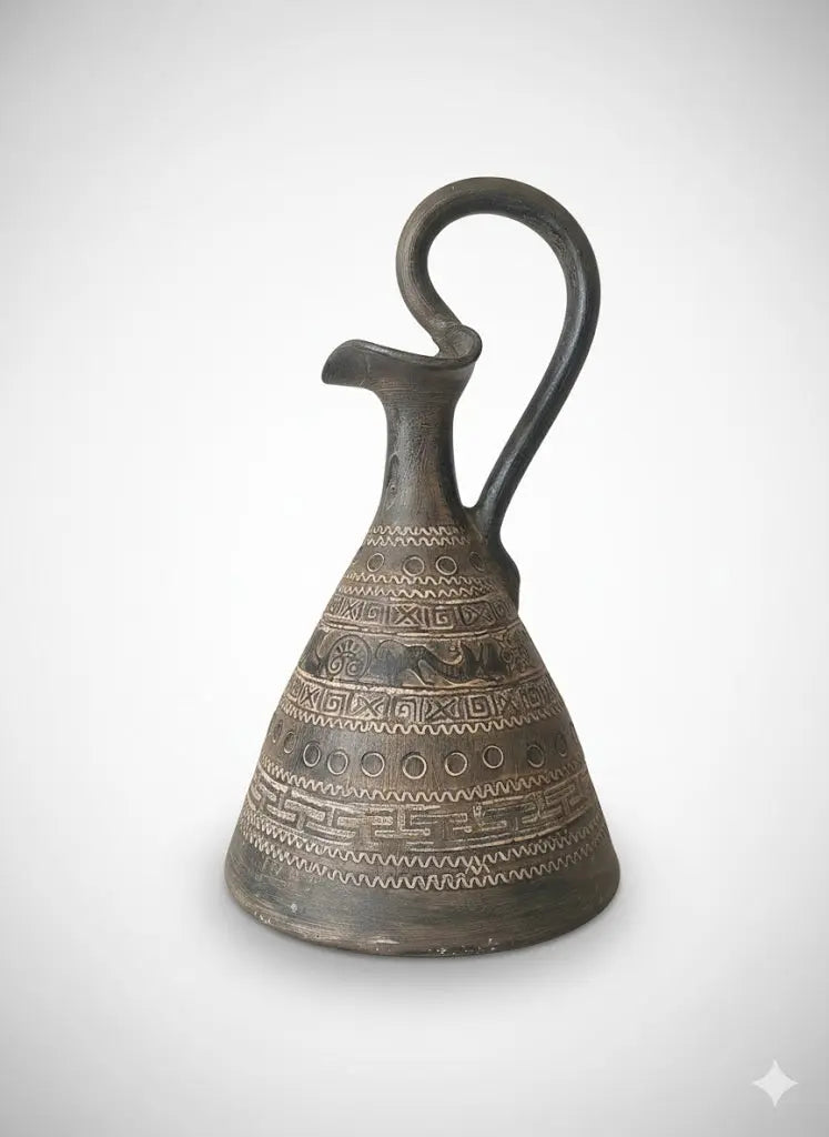 Petit pichet années 1900 – décor frises d’antilopes, conique, 24 cm H, superbe - Antiquités de France