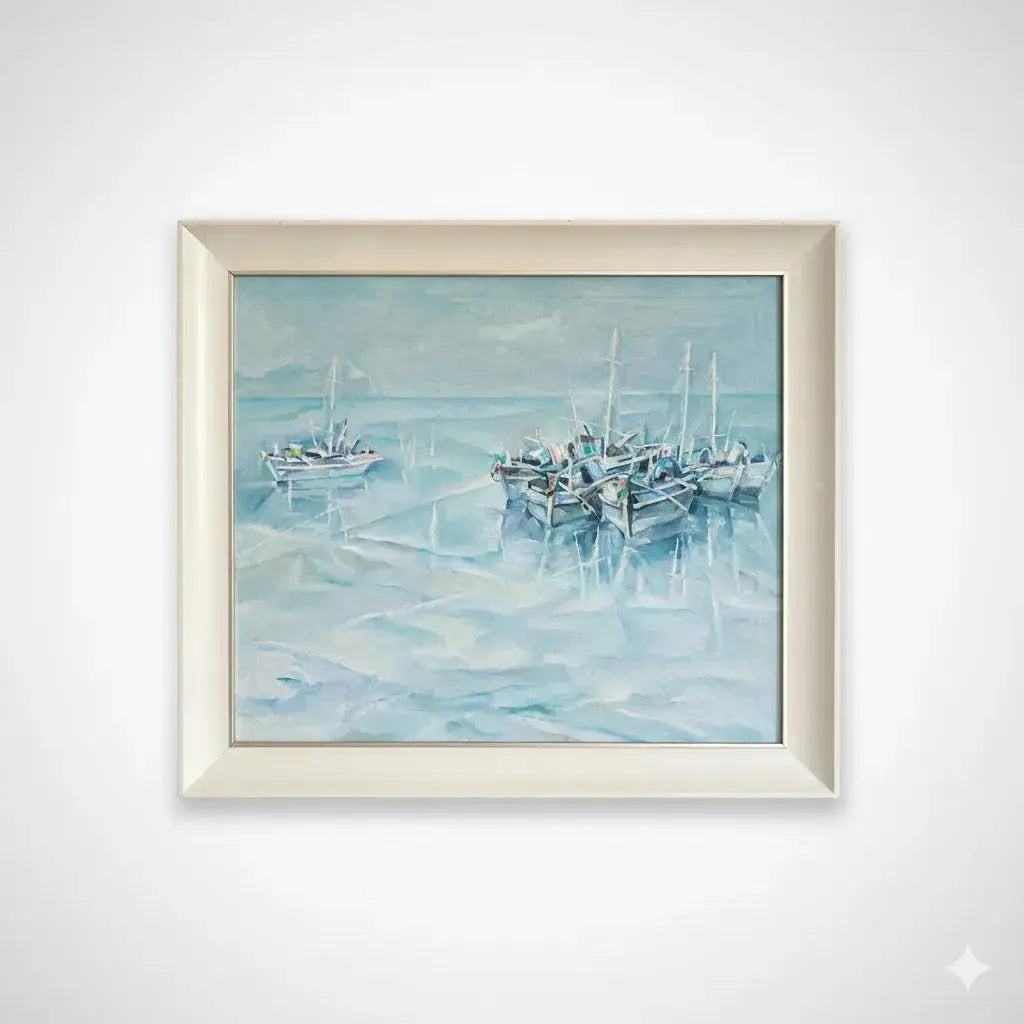 Tableau marine signé, huile sur toile des années 70/80, cadre en bois et baguette dorée-{{shop name}}