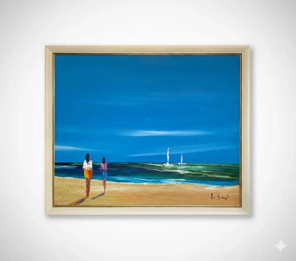 Huile sur toile signé marine, vue d'une plage, très lumineux. Années 80, encadré.-{{shop name}}