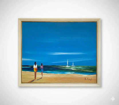 Huile sur toile signé marine, vue d'une plage, très lumineux. Années 80, encadré.-{{shop name}}