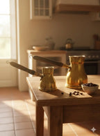 Cafetières anciennes Orientales, laiton, manche en bois, faite main. Le lot de 2-{{shop name}}
