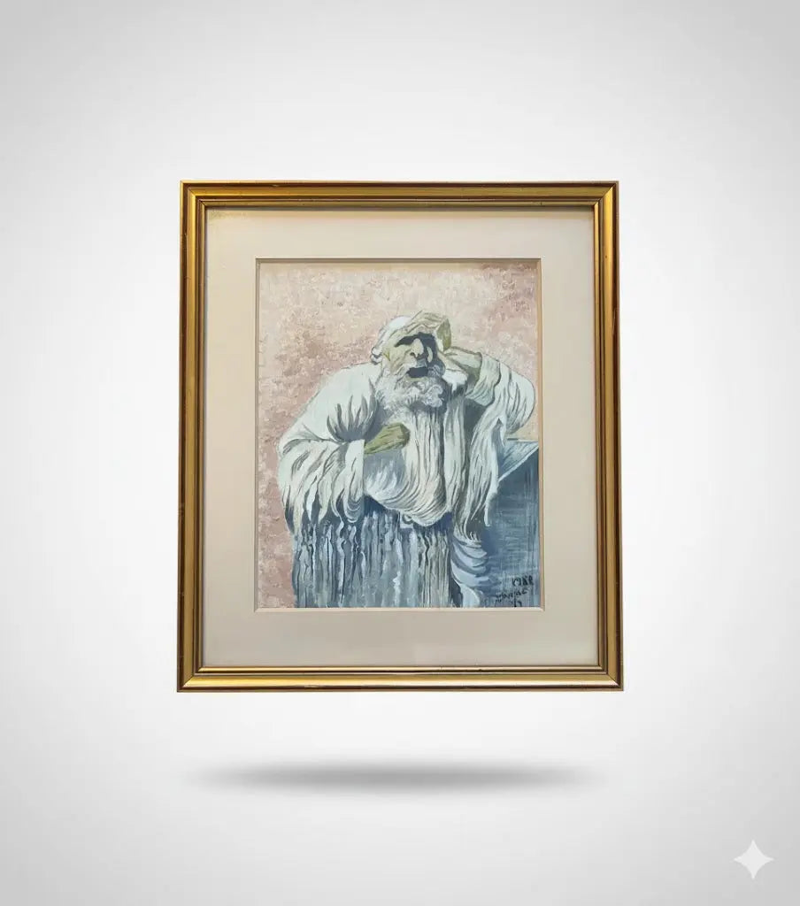 Aquarelle ancienne signée, pièce unique, datée de 1982. Thème religieux. Rabbin implorant le ciel.-{{shop name}}