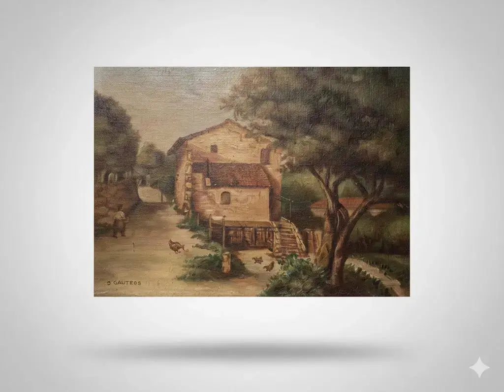 Tableau ancien signé, milieu XXème, huile sur toile, paysage d'une ferme.-{{shop name}}
