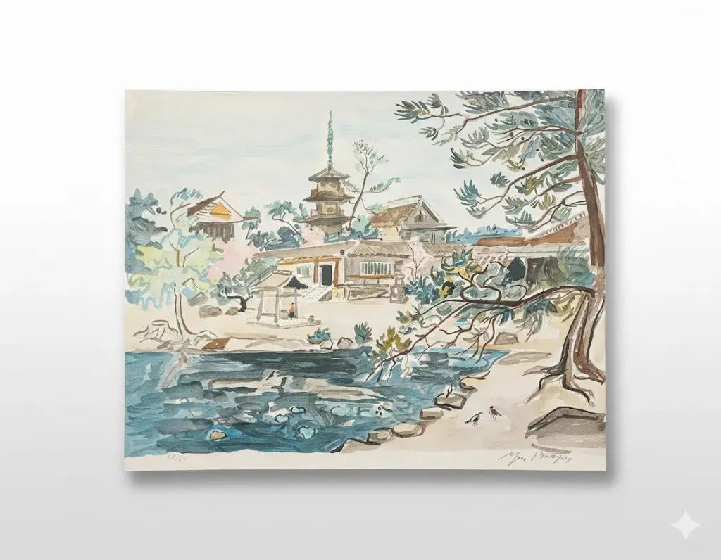 Lithographie ancienne Y. Brayer, signé, numéroté, 52/60, paysage du Japon, 1971.-{{shop name}}