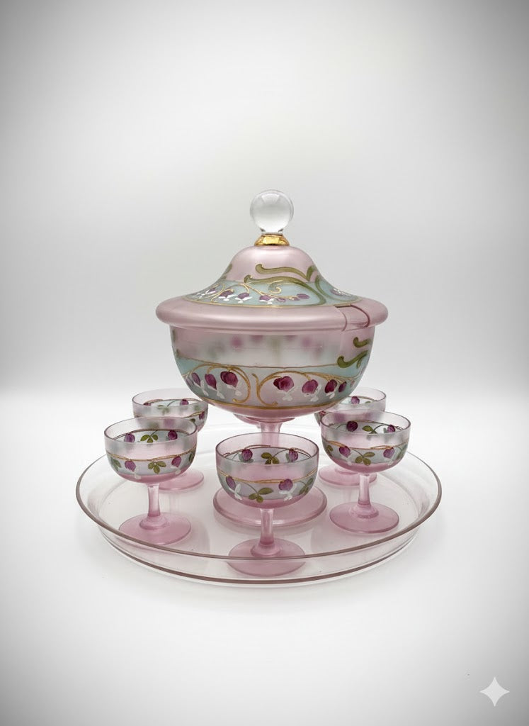 Service à liqueur Art Déco – verre opalin émaillé floral, 6 verres, plateau offert-{{shop name}}