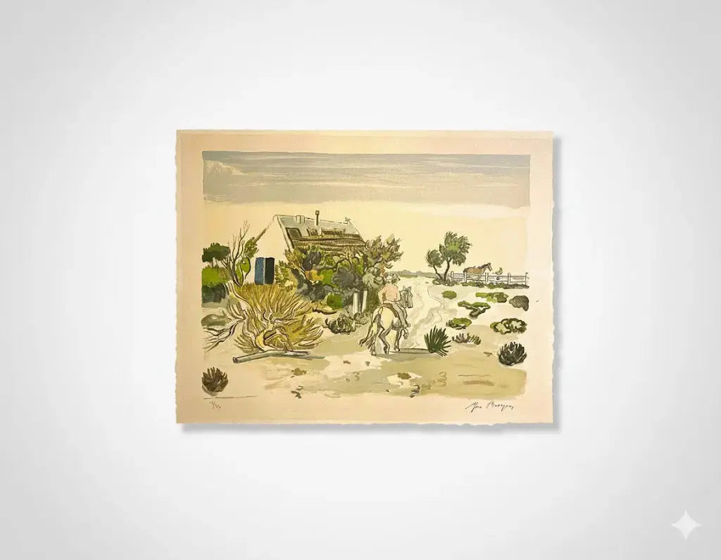 Lithographie signée Yves Brayer, Cabane gardiane, de 1973, numérotée.-{{shop name}}