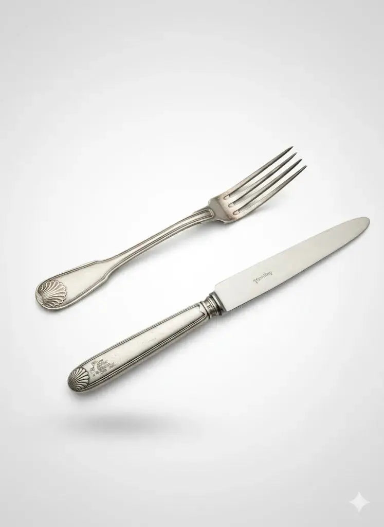 Orfèvrerie Argental époque art déco, FOURCHETTE ET COUTEAU, métal argenté, LAME INOX - Antiquités de France