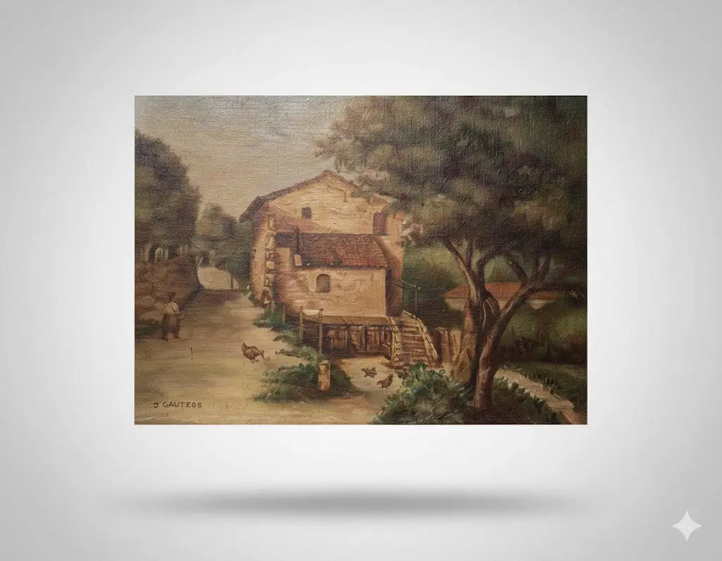 Tableau ancien signé, milieu XXème, huile sur toile, paysage d'une ferme.-{{shop name}}