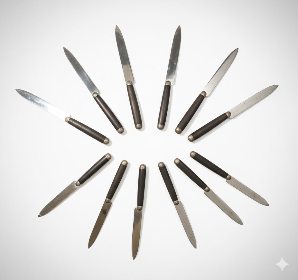 Couteaux de table ancien, bois d'ébène, époque Napoléon III, 6 grands, 6 petits - Antiquités de France