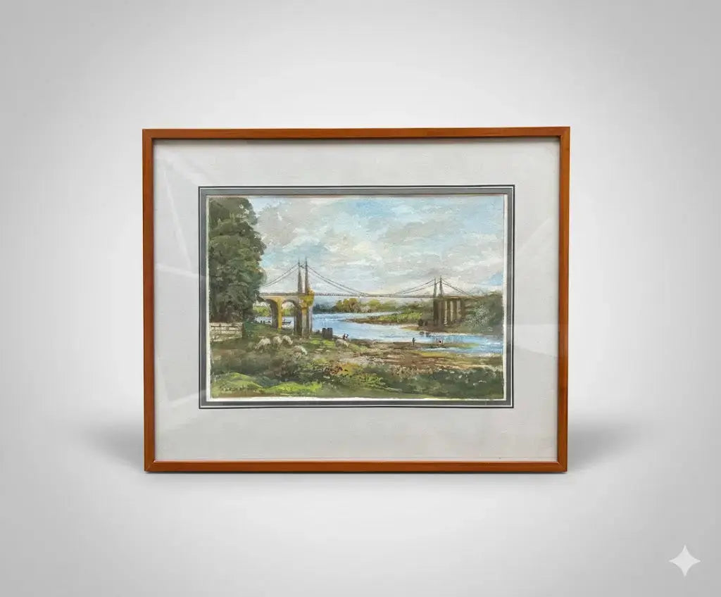 Aquarelle signée F. Cochard pêcheurs sous pont, moutons, encadrée bois sous verre 41x34-{{shop name}}