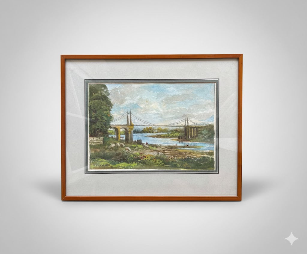 Aquarelle signée F. Cochard pêcheurs sous pont, moutons, encadrée bois sous verre 41x34-{{shop name}}