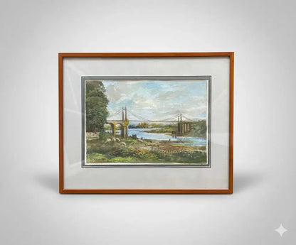 Aquarelle signée F. Cochard pêcheurs sous pont, moutons, encadrée bois sous verre 41x34-{{shop name}}