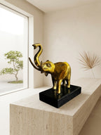 Sculpture d'Eléphant en Laiton massif sur Socle Bois 20x20 Hollywood Regency.