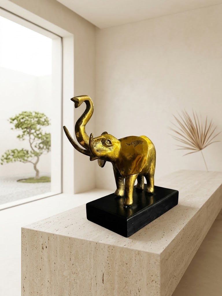 Sculpture d'Eléphant en Laiton massif sur Socle Bois 20x20 Hollywood Regency.
