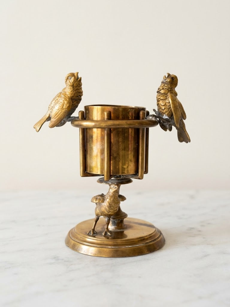 Pyrogène ancien XIXème - Porte Allumettes Laiton et Bronze Ciselé Oiseaux Chanteurs.
