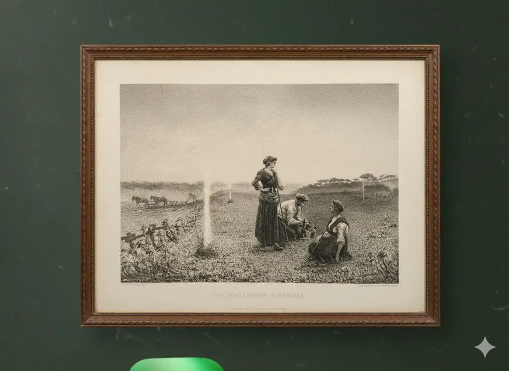 Lithographie XIXe G. Dubois Menant "Les Brûleuses d'Herbes" Encadrée-{{shop name}}