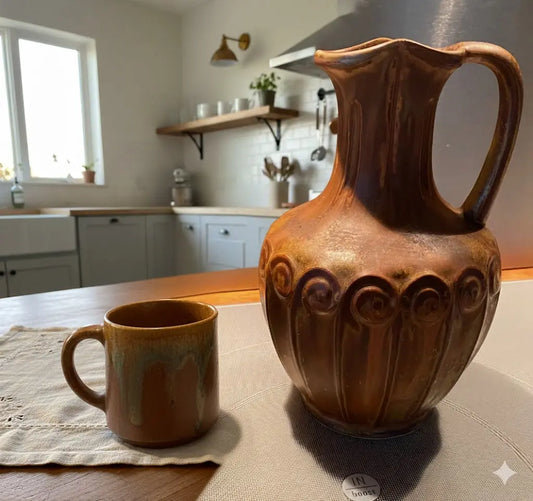 Denbac, carafe en céramique ancienne et mugs Art Nouveau, vers 1900, Décor de frises, 5 mugs-{{shop name}}
